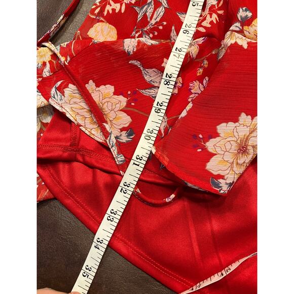 Lush Red Floral Wrap Dress Women's Medium Short Sleeve Ruffle Chiffon Lined - Picture 14 of 15